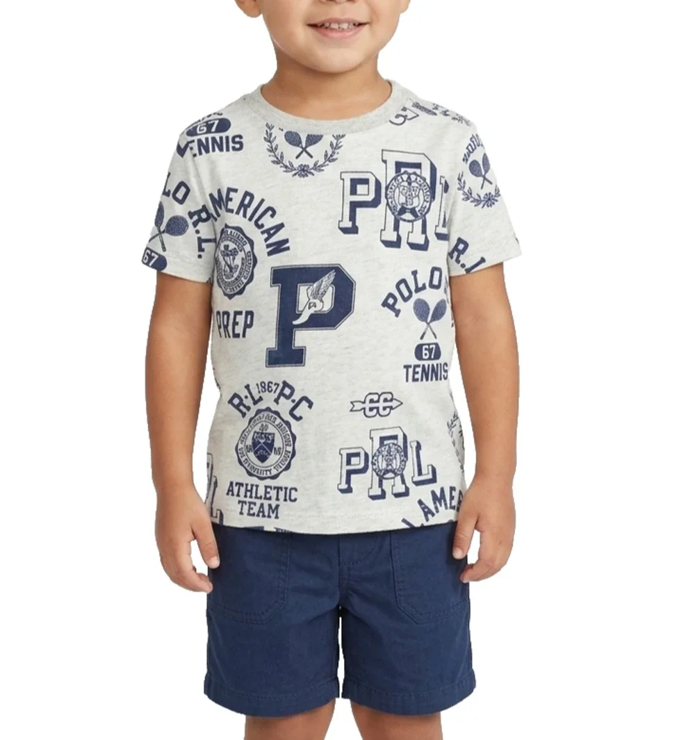 Polo Ralph Lauren Boys Size 2 T-Shirt Gray Multi Graphic Crest Tennis Tee NWOT